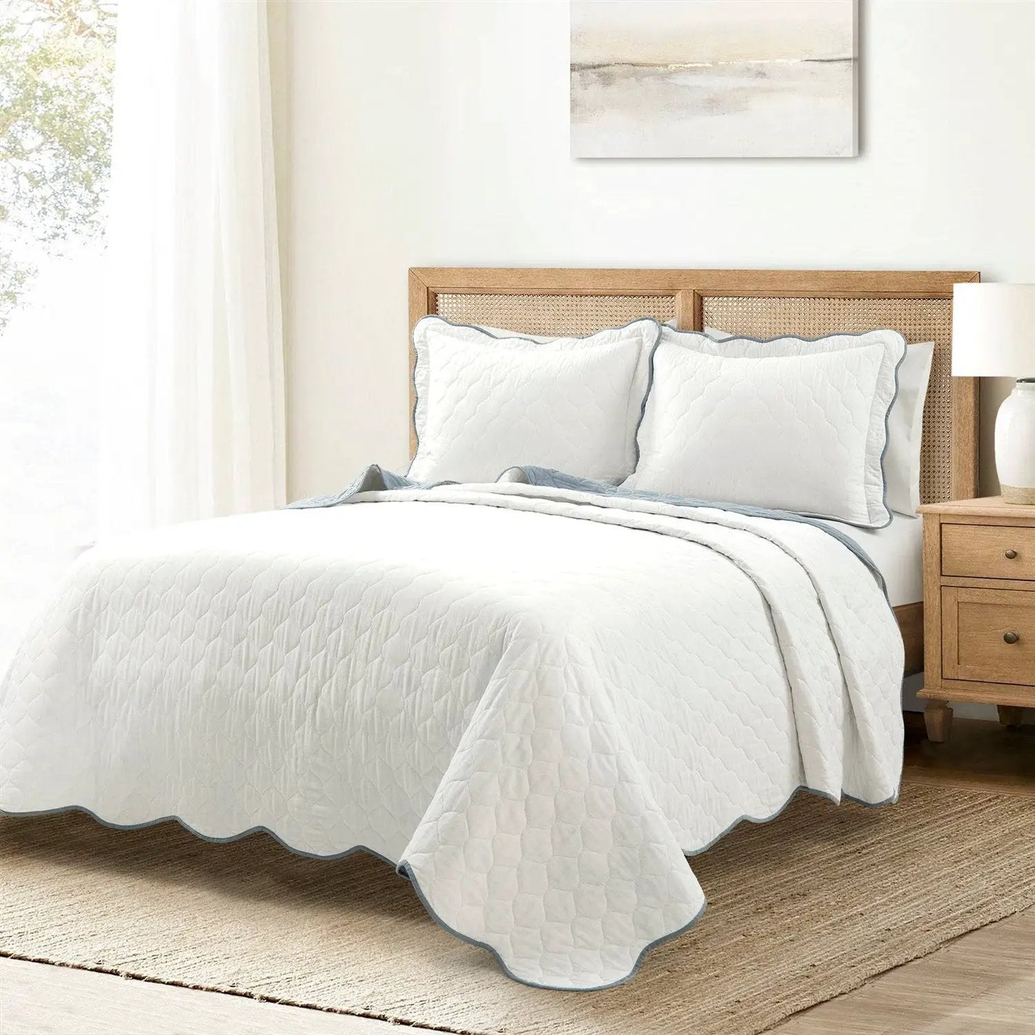 Full/Queen White Blue Scalloped Edge Reversible Thin Light Quilt Set by HomePacific