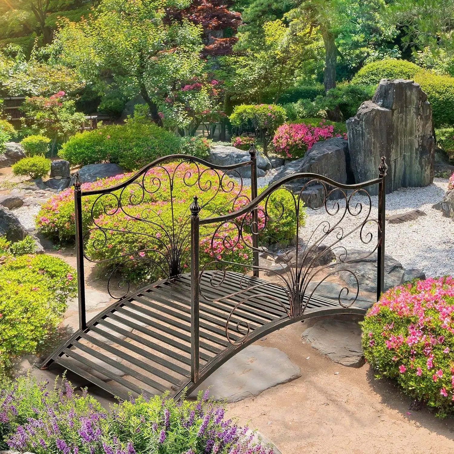 Outdoor 4-ft Heavy Duty Metal Garden Bridge in Black Bronze Finish by HomePacific