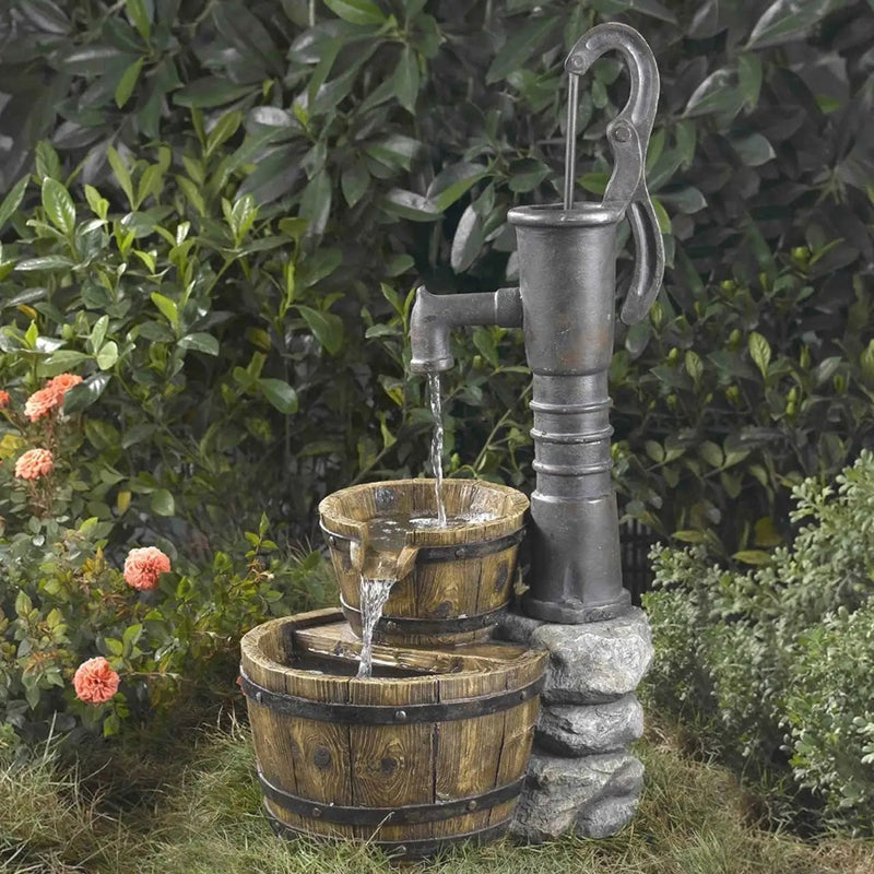 Outdoor Water Pump Half Whiskey Barrel Style Water Fountain by HomePacific