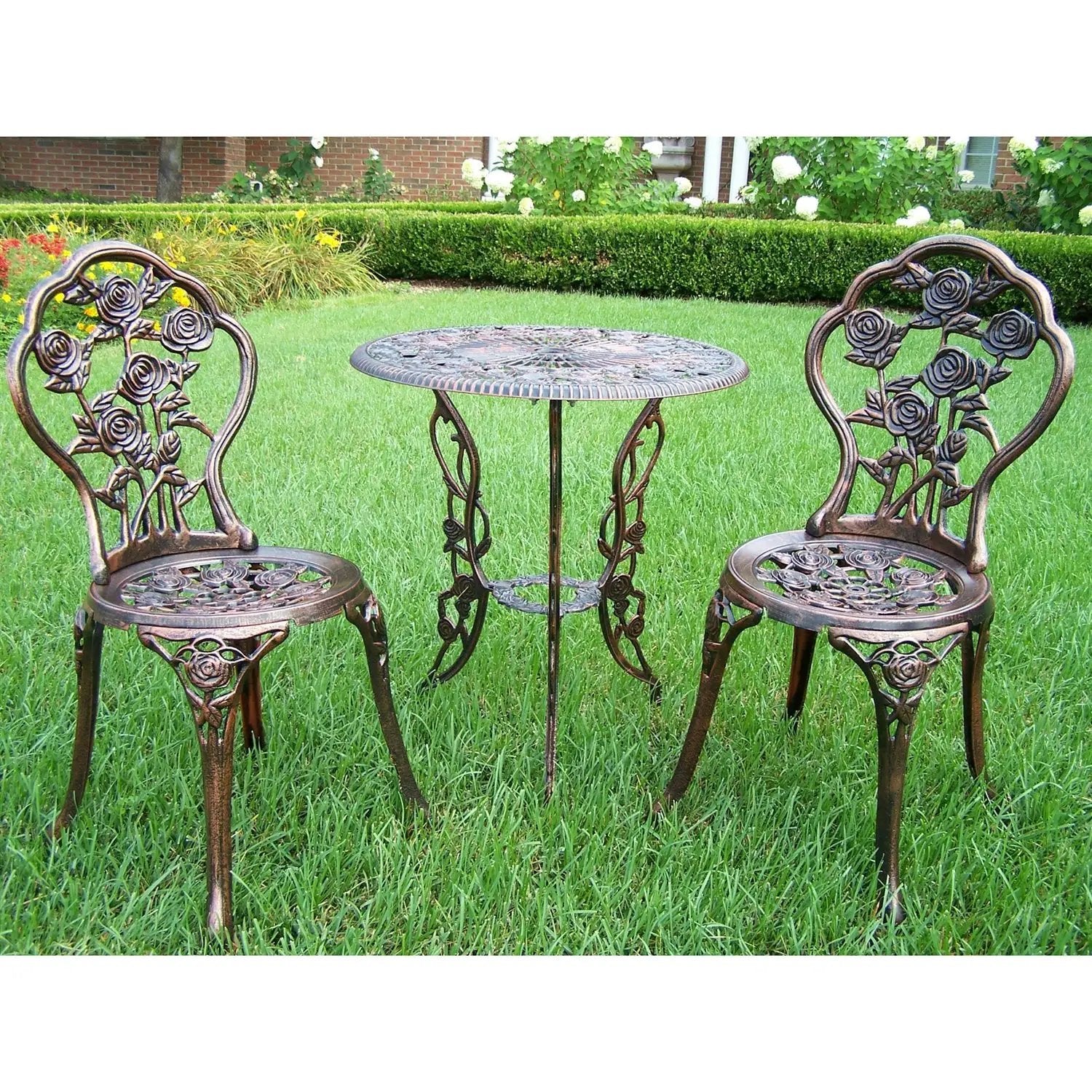 3-Piece Outdoor Bistro Set with Rose Design in Antique Bronze Finish by HomePacific