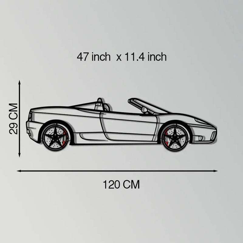Ferrari 360 Spider Metal Car Wall Art with Rotating Wheels - Italian Convertible Supercar Silhouette - Interactive Automotive Wall Decor - KAFMEKA123 by Enova Art