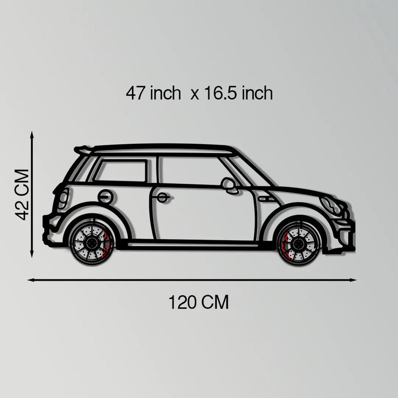 Mini Cooper Metal Car Wall Art with Rotating Wheels - Iconic British Compact Silhouette - Interactive Automotive Wall Decor - KAFMEKA151 by Enova Art