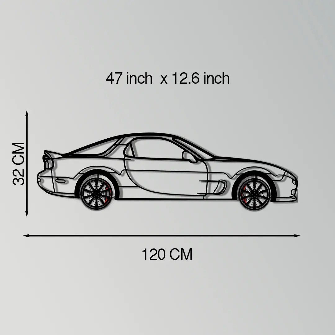 Mazda RX-7 Metal Car Wall Art with Rotating Wheels - FD3S Rotary Legend Silhouette - Interactive Automotive Wall Decor - KAFMEKA147 by Enova Art