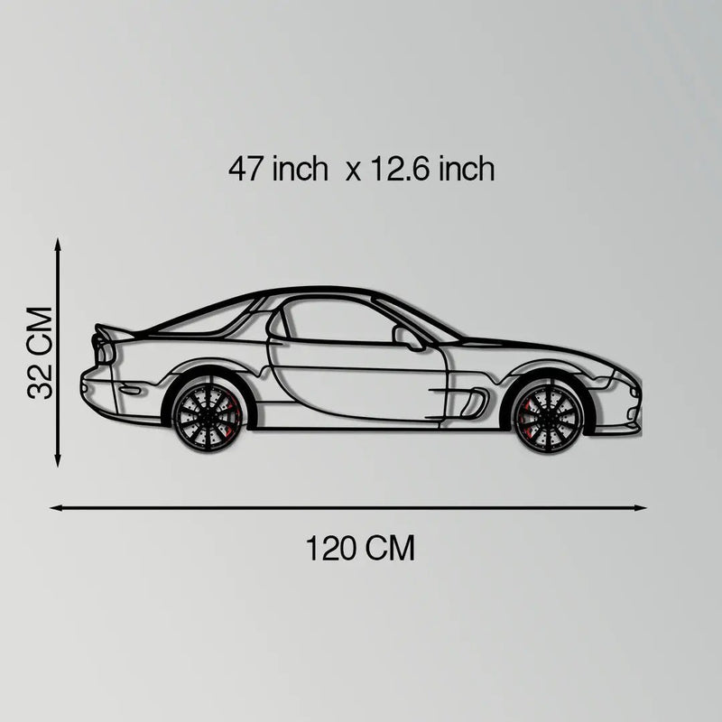 Mazda RX-7 Metal Car Wall Art with Rotating Wheels - FD3S Rotary Legend Silhouette - Interactive Automotive Wall Decor - KAFMEKA147 by Enova Art