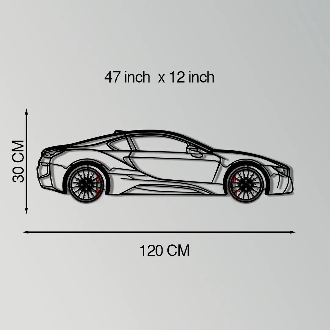 BMW i8 Metal Car Wall Art with Rotating Wheels - Futuristic Hybrid Supercar Silhouette - Interactive Automotive Decor - KAFMEKA106 by Enova Art