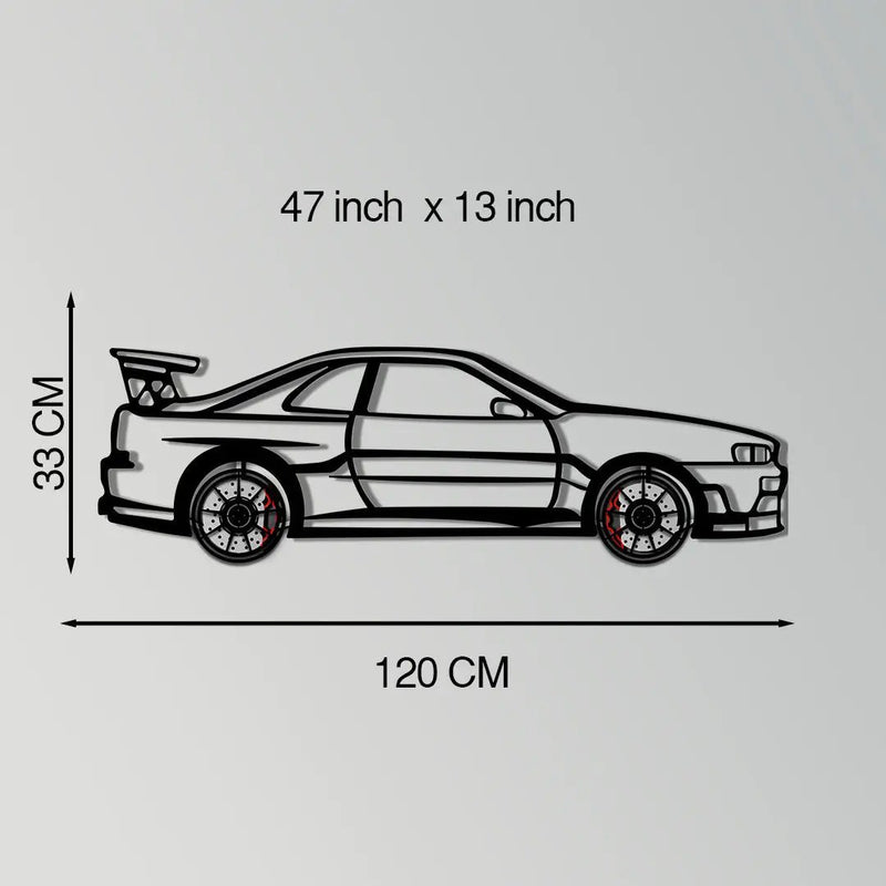 Nissan Skyline GT-R R34 Metal Car Wall Art with Rotating Wheels - "Godzilla" JDM Legend Silhouette - Interactive Automotive Wall Decor - KAFMEKA152 by Enova Art