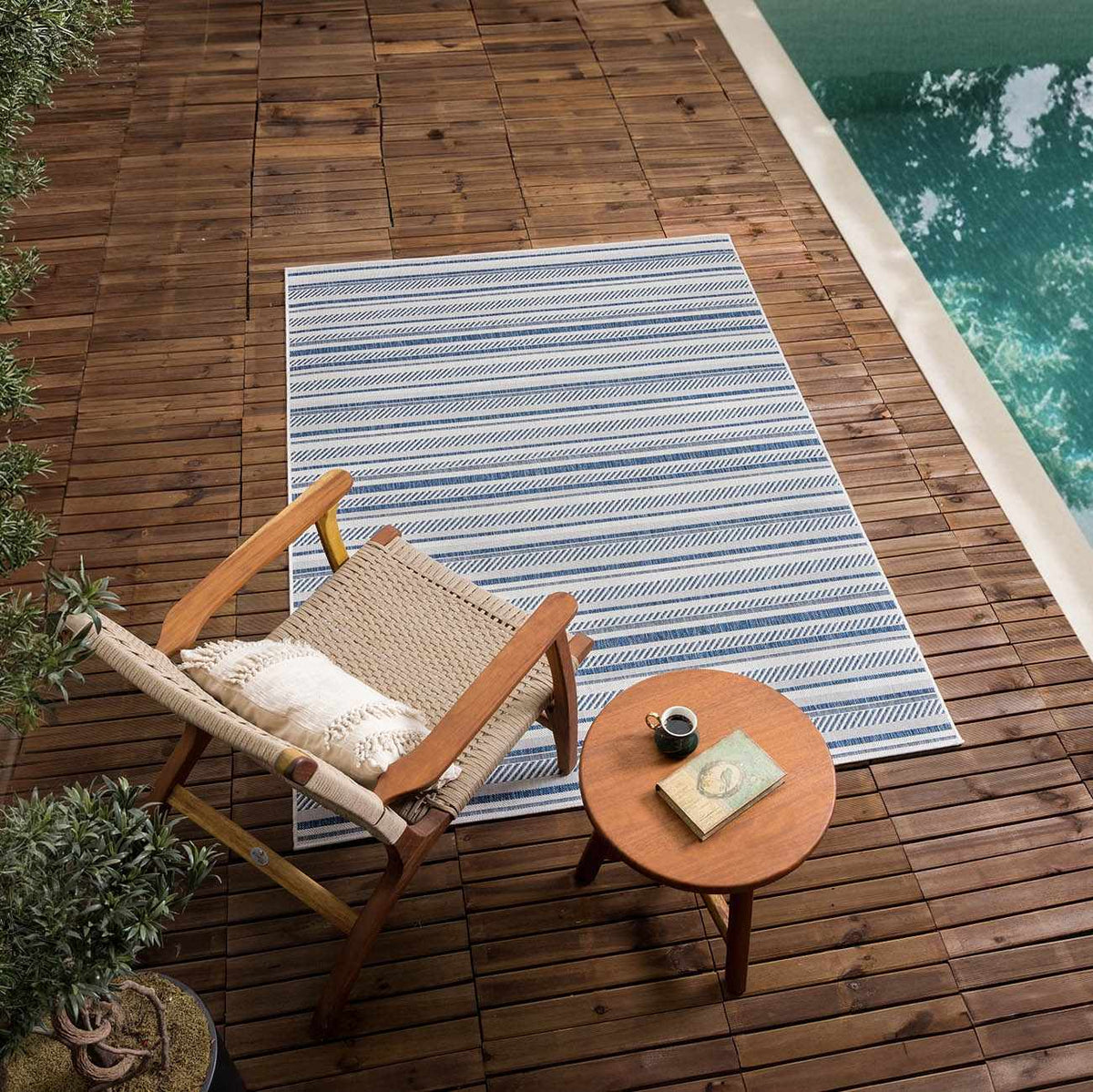 Olin White&Blue Striped Nordic Outdoor Rug, installed in a room 8
