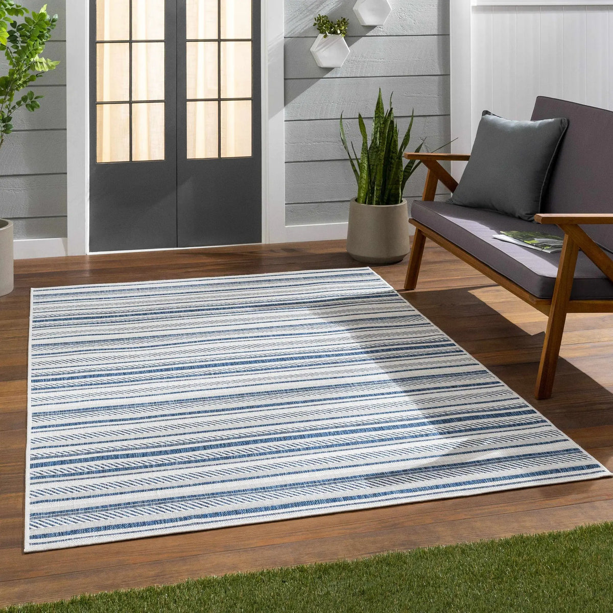Olin White&Blue Striped Nordic Outdoor Rug, installed in a room 4