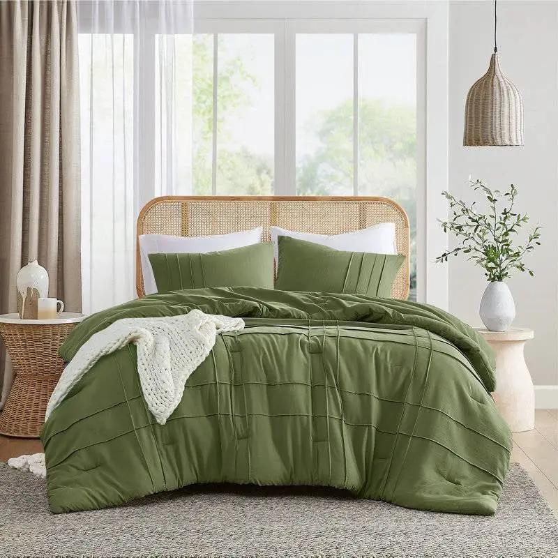 Twin/Twin XL Microfiber Pleated Soft Lightweight Comforter Set in Olive Green by HomePacific