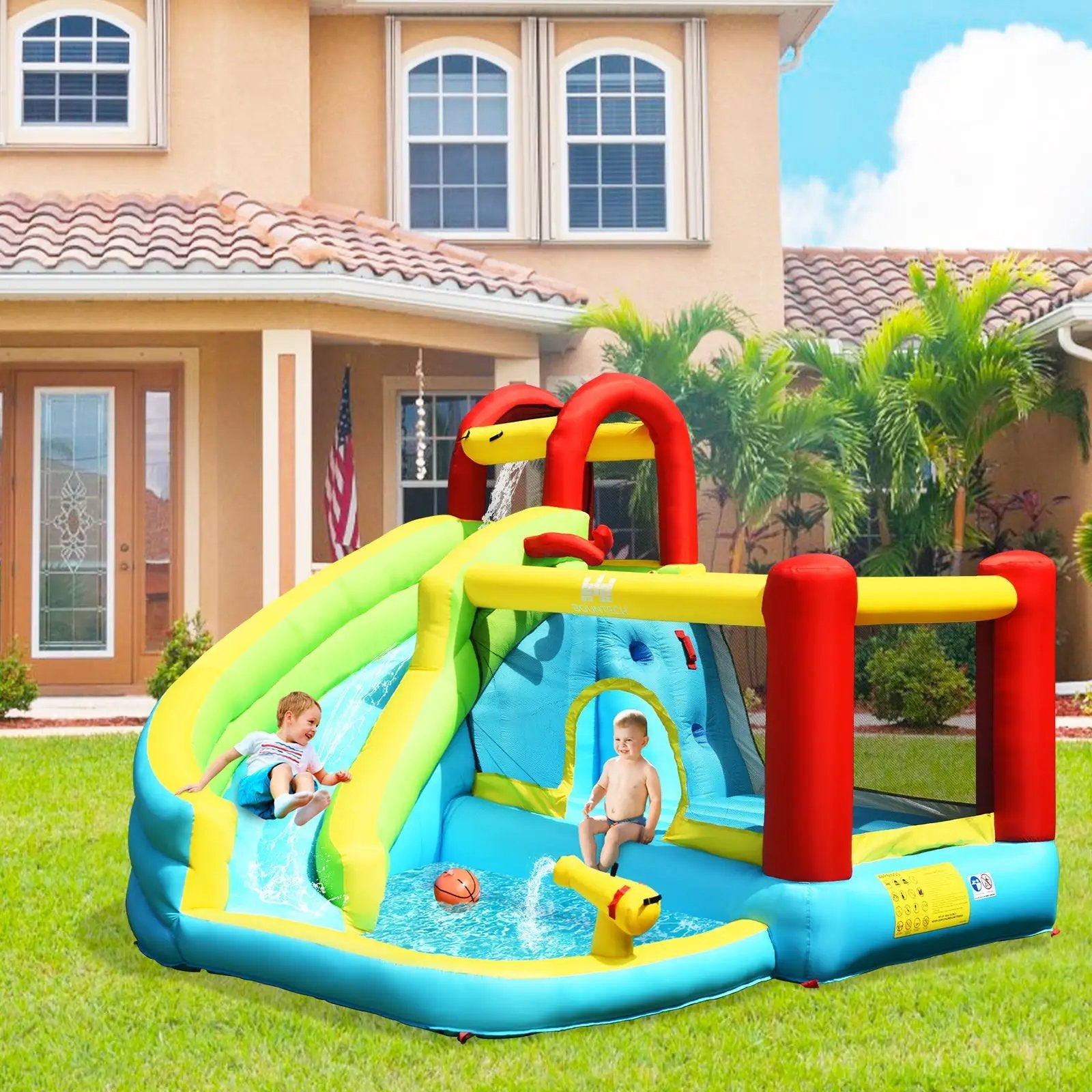 6-in-1 Inflatable Bounce House with Climbing Wall and Basketball Hoop with Blower by DirectDeals