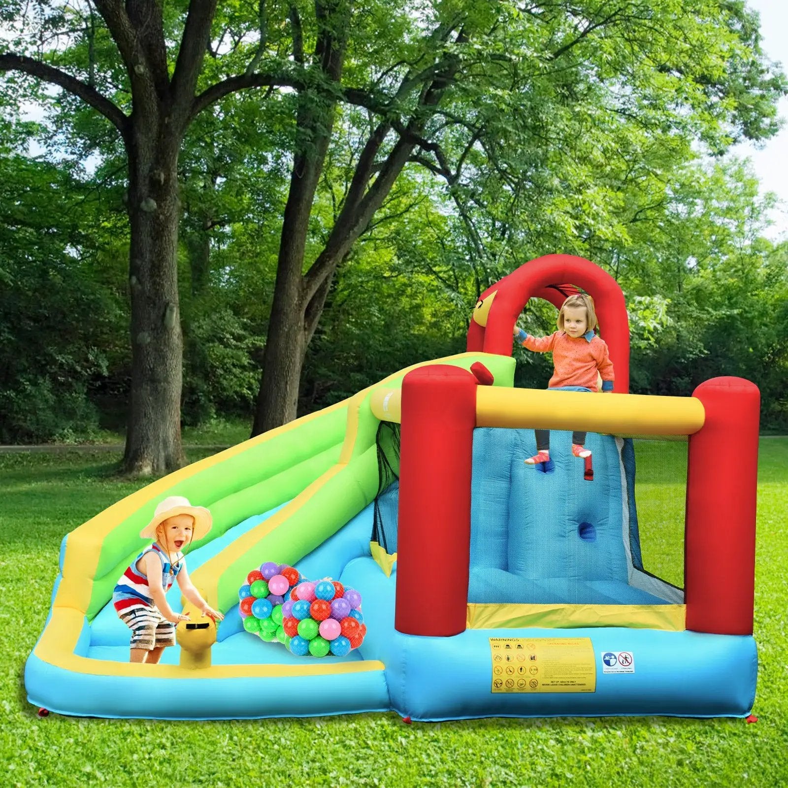 6-in-1 Inflatable Bounce House with Climbing Wall and Basketball Hoop with Blower by DirectDeals