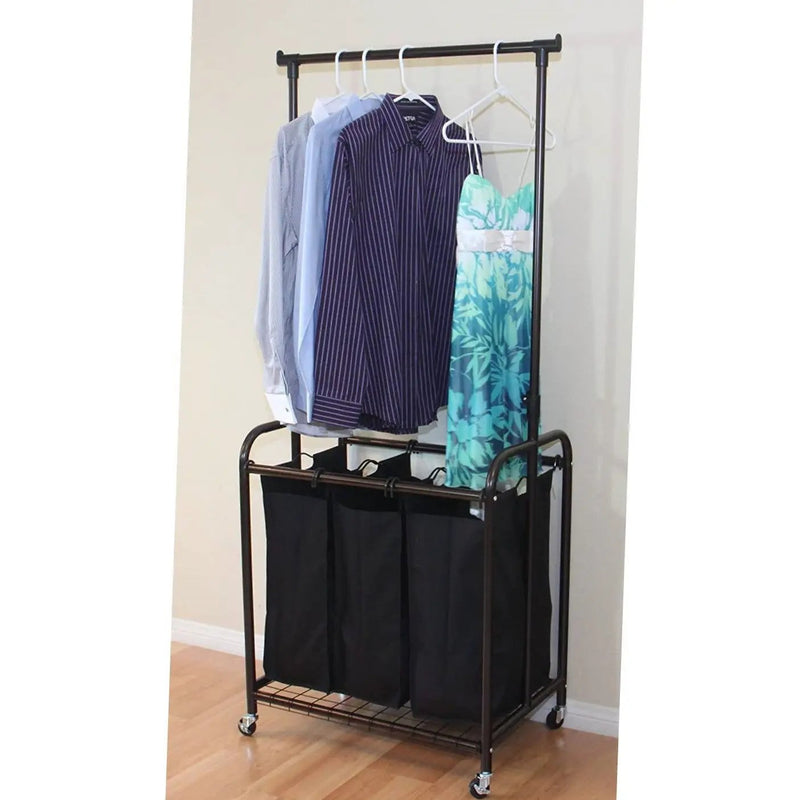 Bronze Black 3-Bag Laundry Sorter Hamper with Adjustable Clothes Hanging Bar by HomePacific
