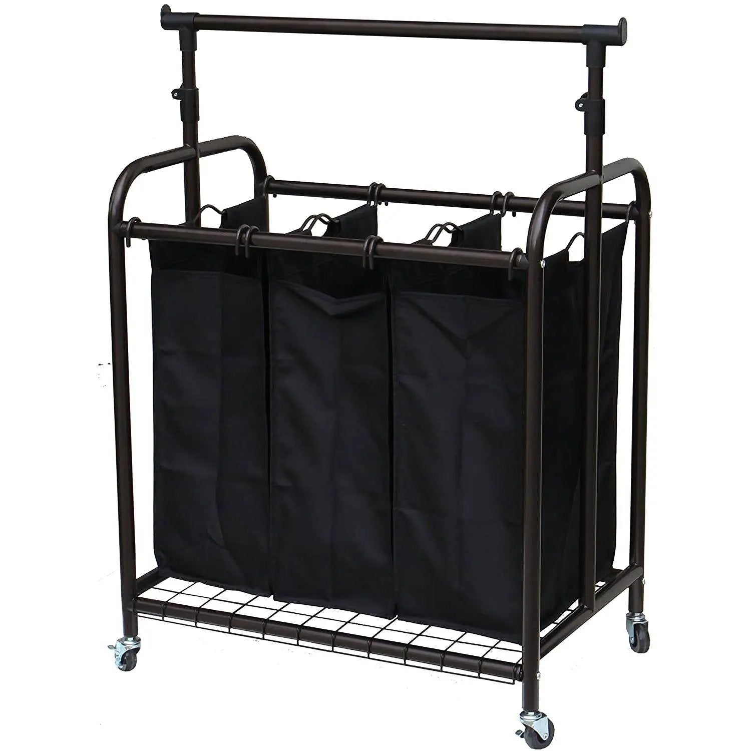 Bronze Black 3-Bag Laundry Sorter Hamper with Adjustable Clothes Hanging Bar by HomePacific