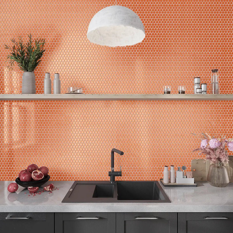 Orange 12x12 Glossy Penny Round Porcelain Mosaic Tile (10 pack, 9.87 sq ft/case) by Apollo Tile