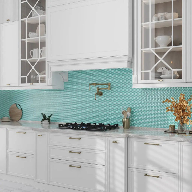 Turquoise 12x12 Glossy Penny Round Porcelain Mosaic Tile (10 pack, 9.87 sq ft/case) by Apollo Tile
