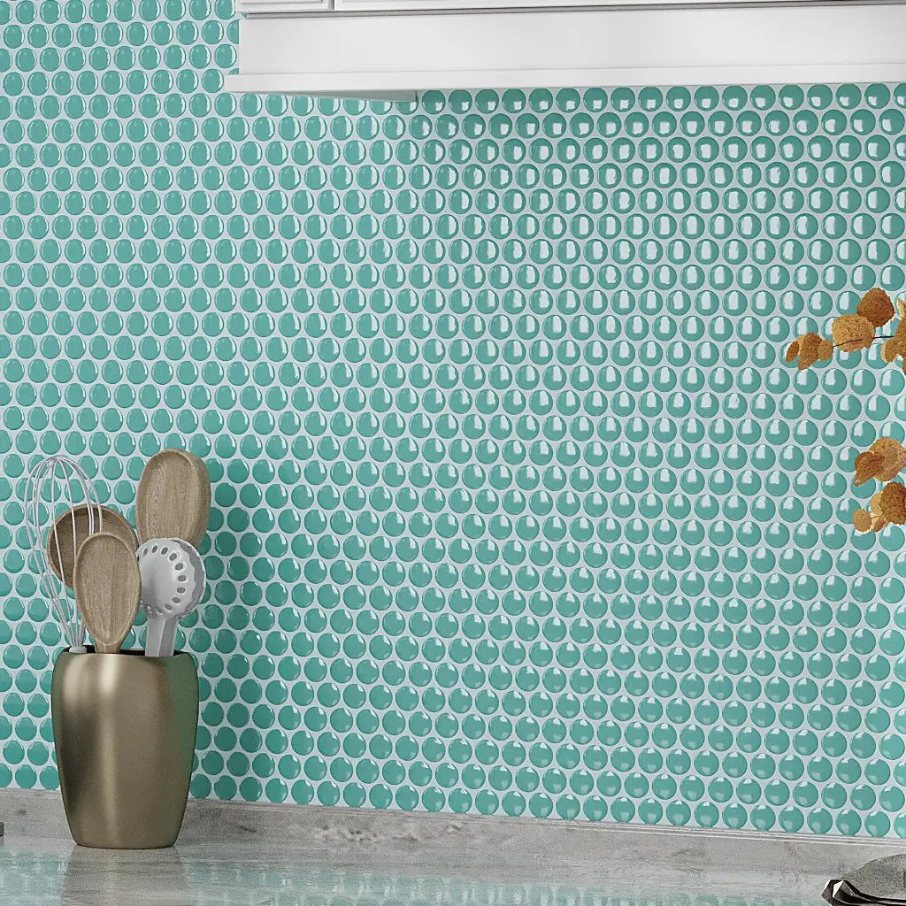 Turquoise 12x12 Glossy Penny Round Porcelain Mosaic Tile (10 pack, 9.87 sq ft/case) by Apollo Tile