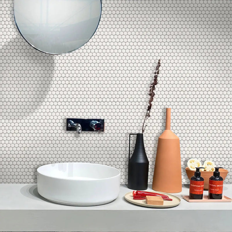 Pearl White 12x12 Matte Penny Round Porcelain Mosaic Tile (10 pack, 9.87 sq ft/case) by Apollo Tile