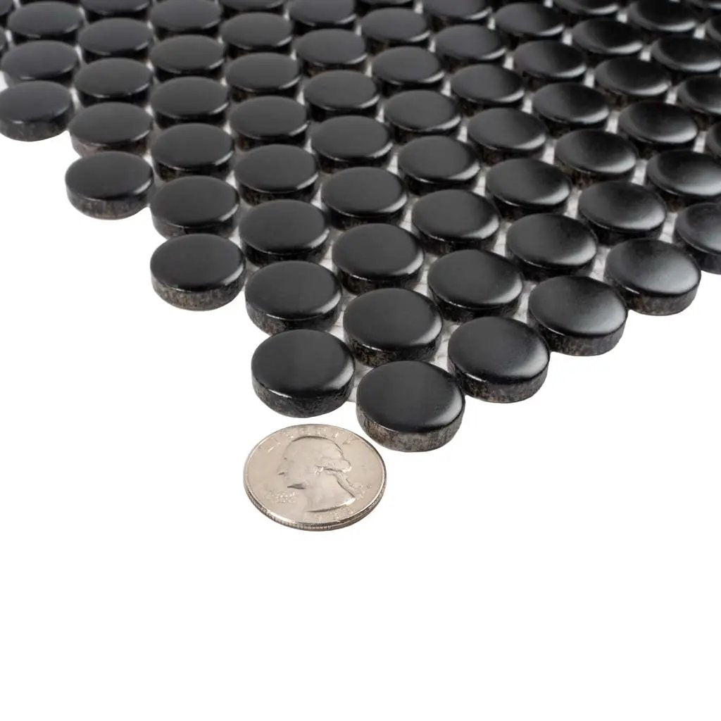 Black 12x12 Glossy Penny Round Porcelain Mosaic Tile (10 pack, 9.87 sq ft/case) by Apollo Tile