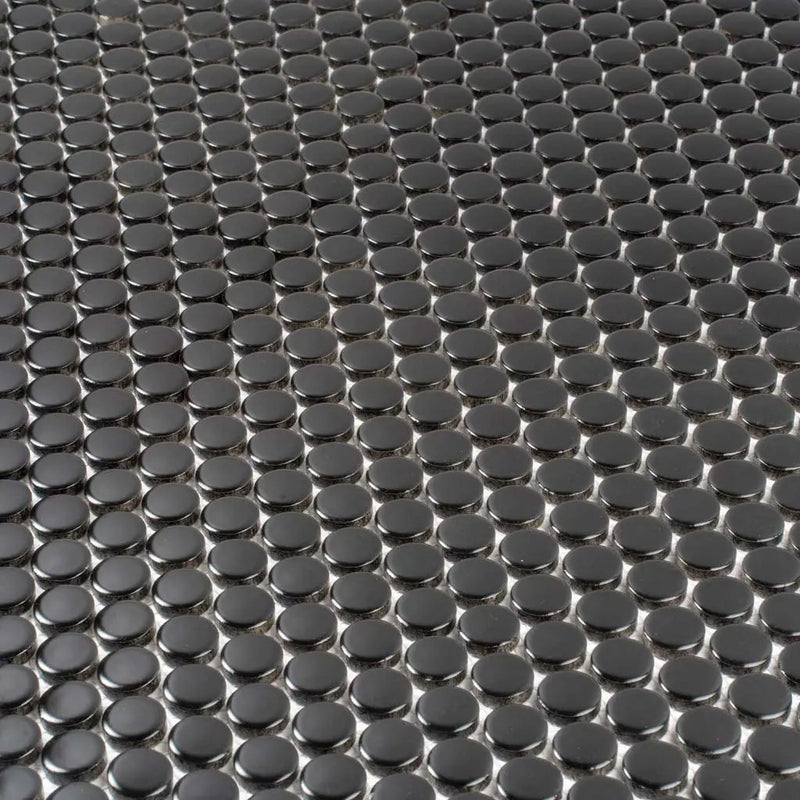 Black 12x12 Glossy Penny Round Porcelain Mosaic Tile (10 pack, 9.87 sq ft/case) by Apollo Tile
