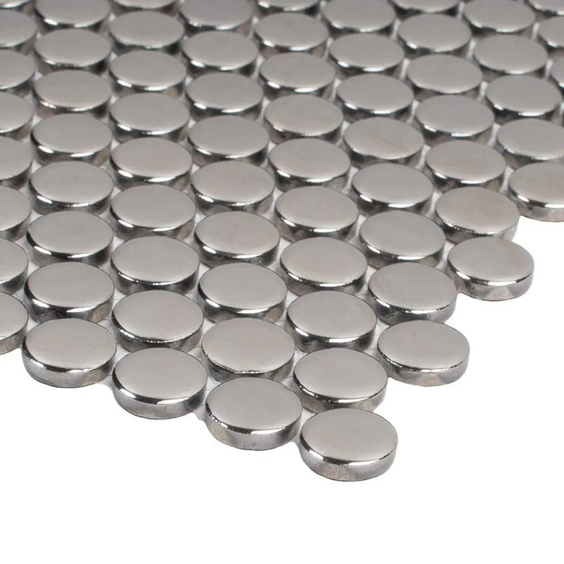 Metallic Silver 12x12 Glossy Penny Round Porcelain Mosaic Tile (10 pack, 9.87 sq ft/case) by Apollo Tile