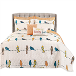 Full/Queen Orange White Blue Floral Birds On Wire 7 Piece Lightweight Quilt Set by HomePacific