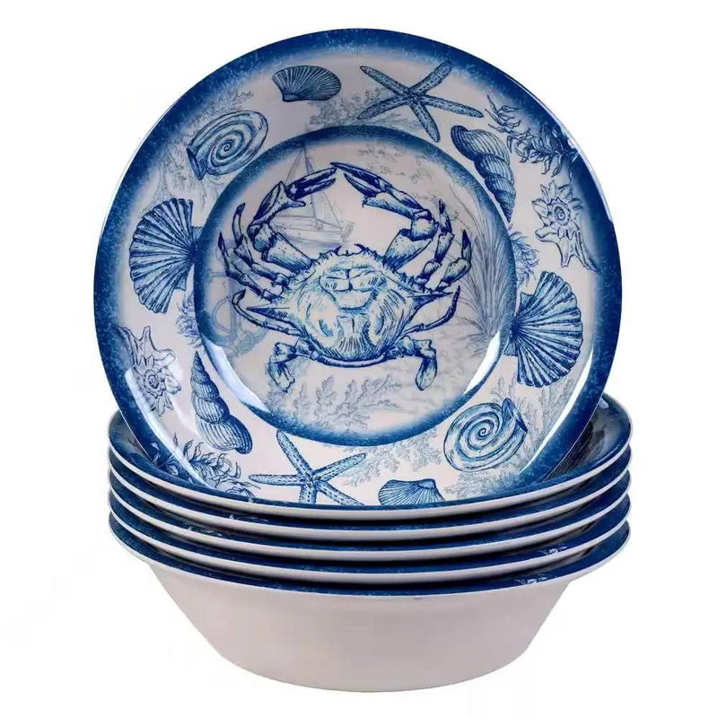6-Piece Dinner Bowl Set with Blue White Ocean Sea Shells Crab Starfish Pattern by HomePacific