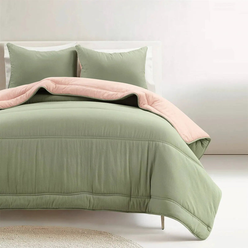 Twin/XL Soft Lightweight Reversible Quilted Comforter Set in Green/Pink by HomePacific