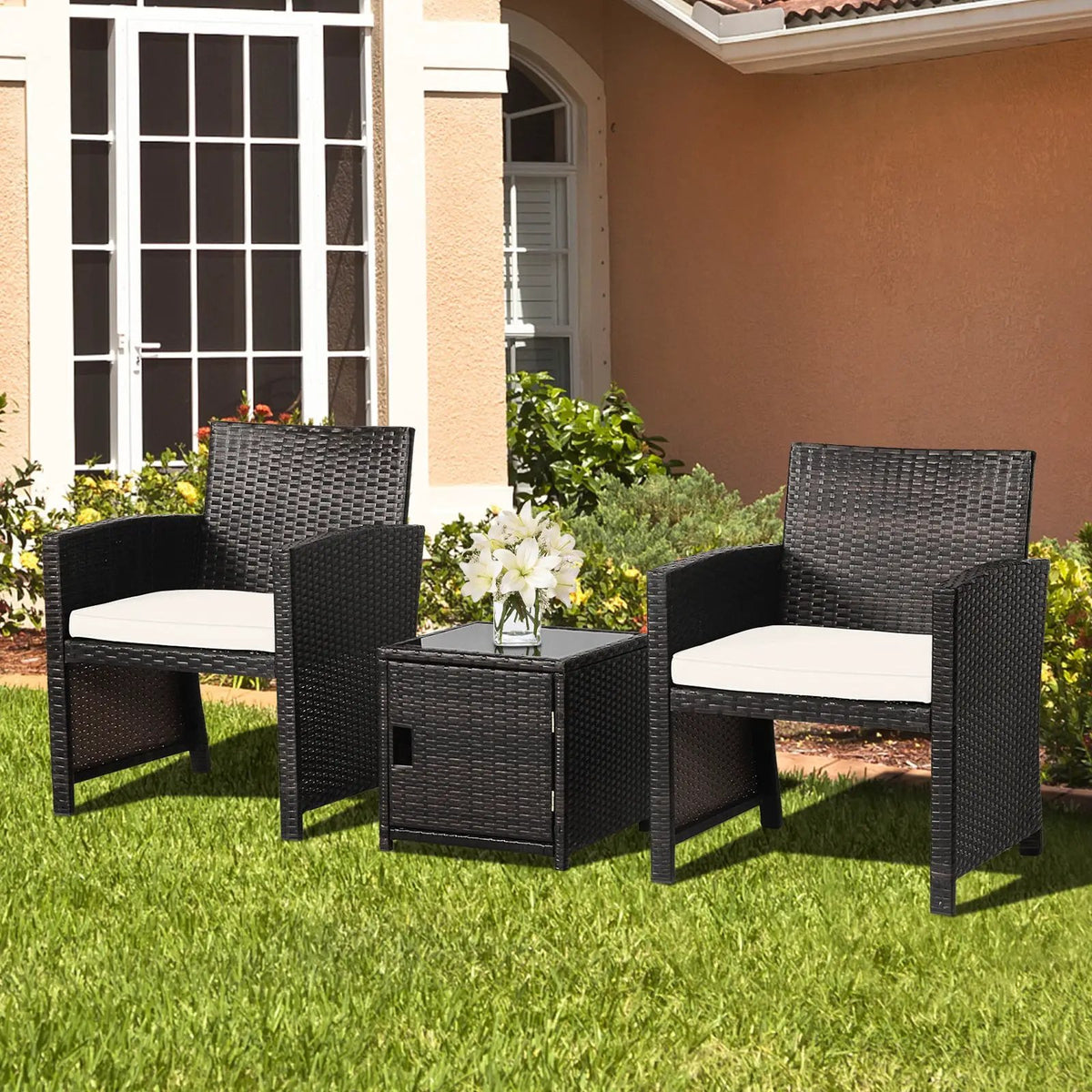 3 Pieces Patio Wicker Furniture Set with Storage Table and Protective Cover, photo 2 of 11