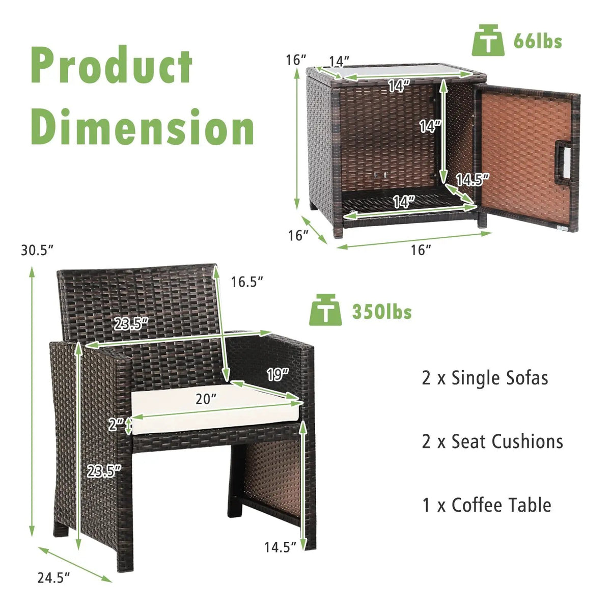 3 Pieces Patio Wicker Furniture Set with Storage Table and Protective Cover, dimensions drawing