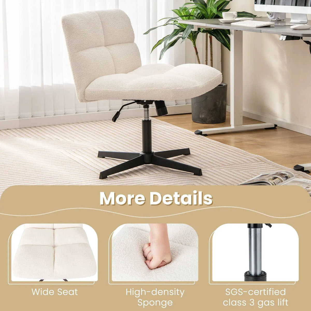 Office Armless Chair Cross Legged with Imitation Lamb Fleece and Adjustable Height, photo 7 of 10
