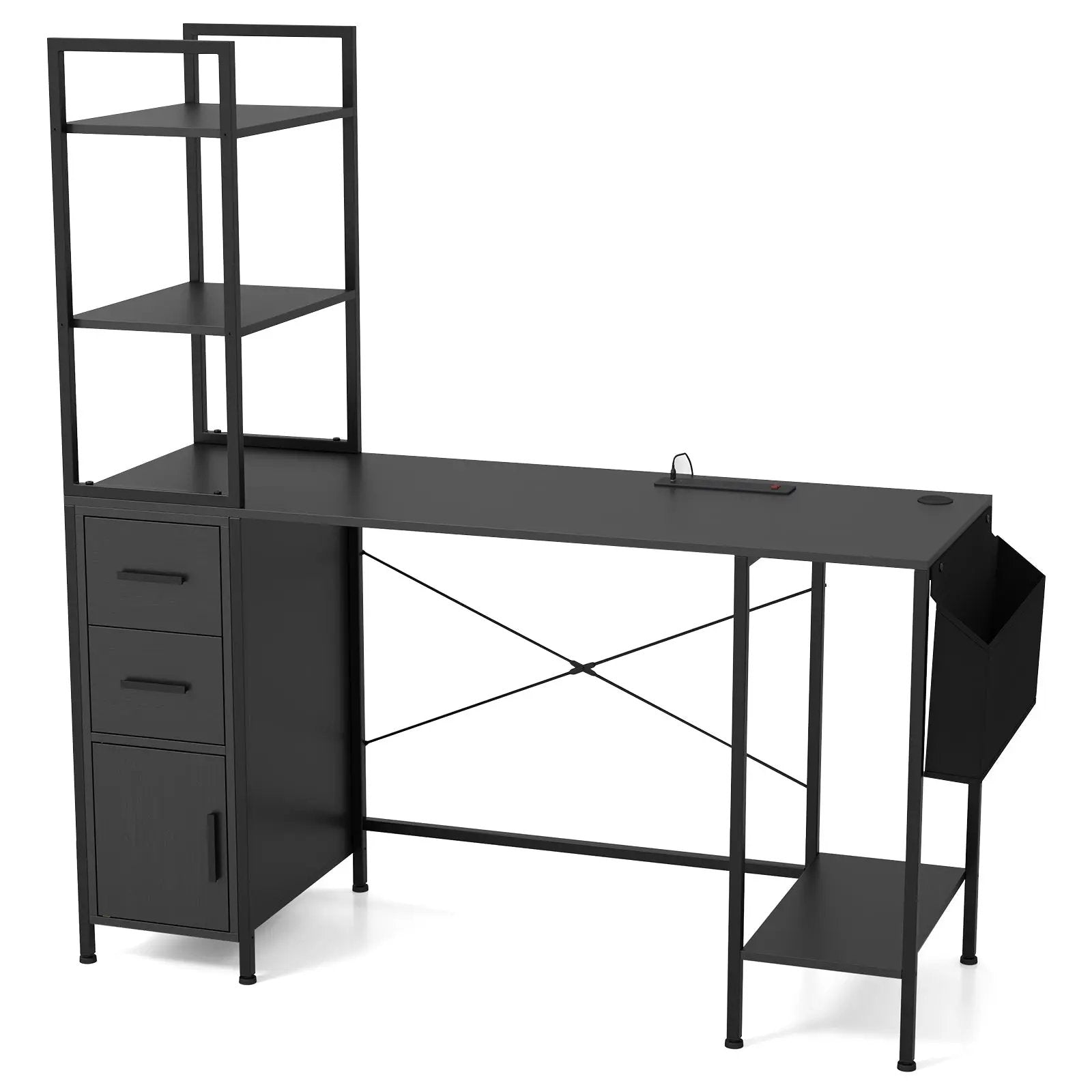 Office Desk with LED Lights and Power Outlets Computer Desk with Open Shelves-Black by DirectDeals
