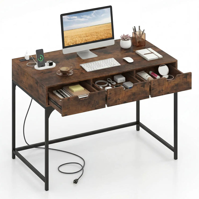 Office Desk with Power Outlets and Hidden Compartment for Study by DirectDeals