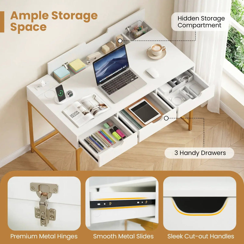 Office Desk with Power Outlets and Hidden Compartment for Study by DirectDeals