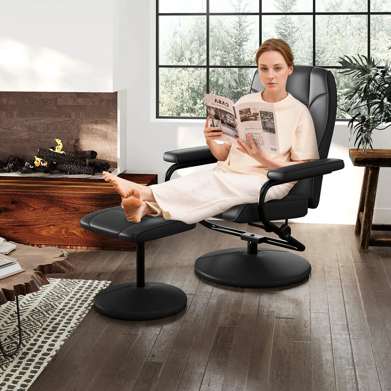 Swivel Recliner Chair with Ottoman in Black PU Leather by DirectDeals