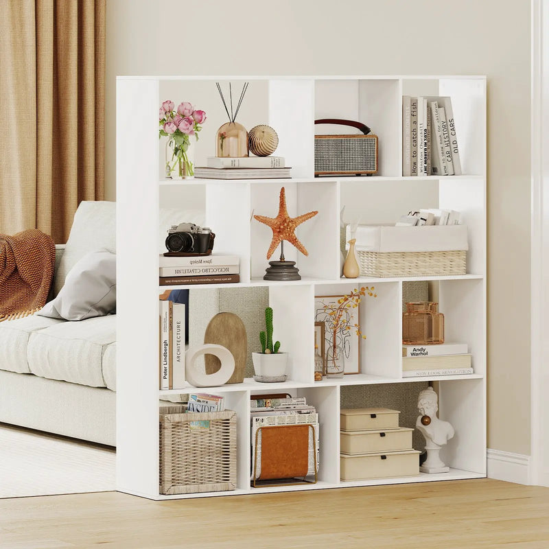 Open Shelf Bookcase 4-Tier Modern Bookshelf with 12 Storage Compartments-White by DirectDeals