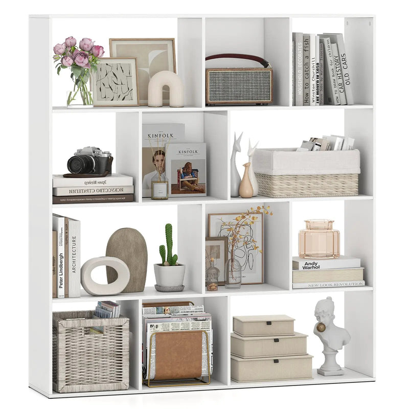 Open Shelf Bookcase 4-Tier Modern Bookshelf with 12 Storage Compartments-White by DirectDeals