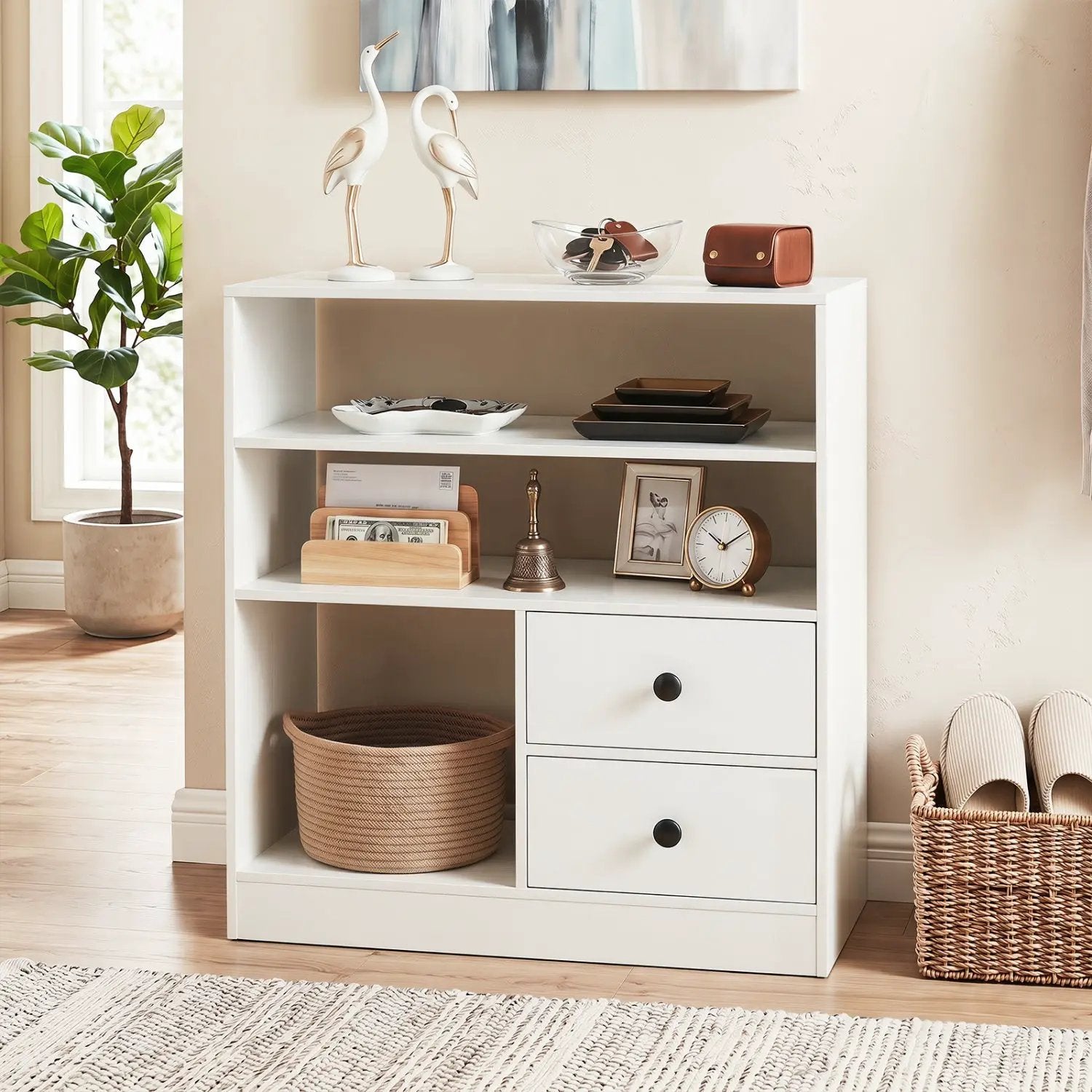 Console Table with 3 Open Shelves and 2 Fabric Drawers by DirectDeals