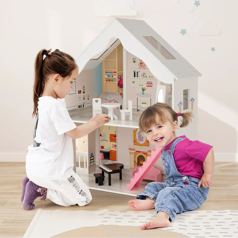 Semi-Opened DIY Dollhouse with Simulated Rooms and Furniture Set-White by DirectDeals