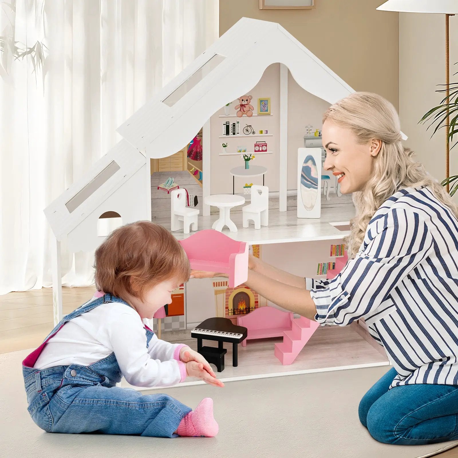 Semi-Opened DIY Dollhouse with Simulated Rooms and Furniture Set-White by DirectDeals