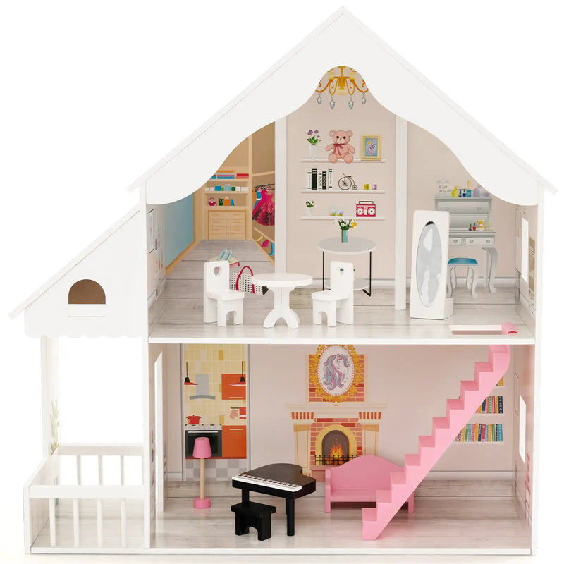 Semi-Opened DIY Dollhouse with Simulated Rooms and Furniture Set-White by DirectDeals