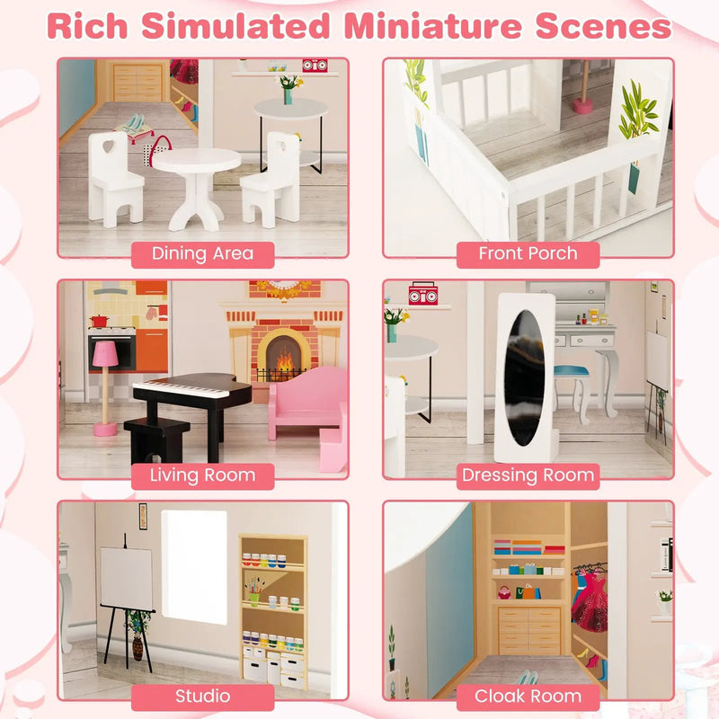 Semi-Opened DIY Dollhouse with Simulated Rooms and Furniture Set-White by DirectDeals