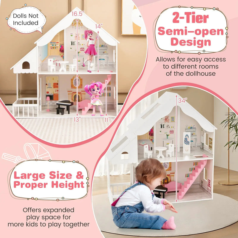 Semi-Opened DIY Dollhouse with Simulated Rooms and Furniture Set-White by DirectDeals