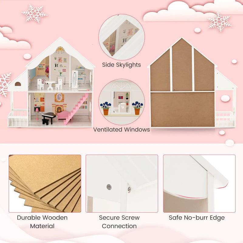 Semi-Opened DIY Dollhouse with Simulated Rooms and Furniture Set-White by DirectDeals