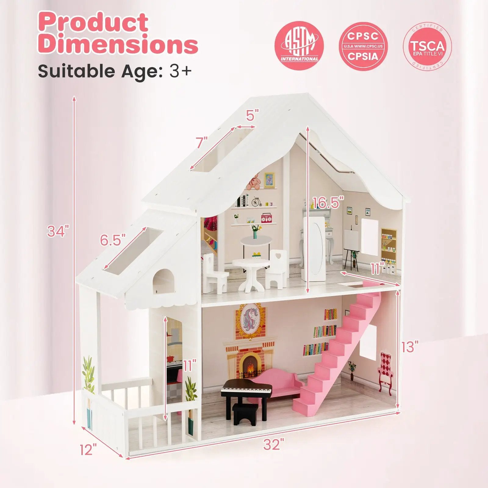 Semi-Opened DIY Dollhouse with Simulated Rooms and Furniture Set-White by DirectDeals