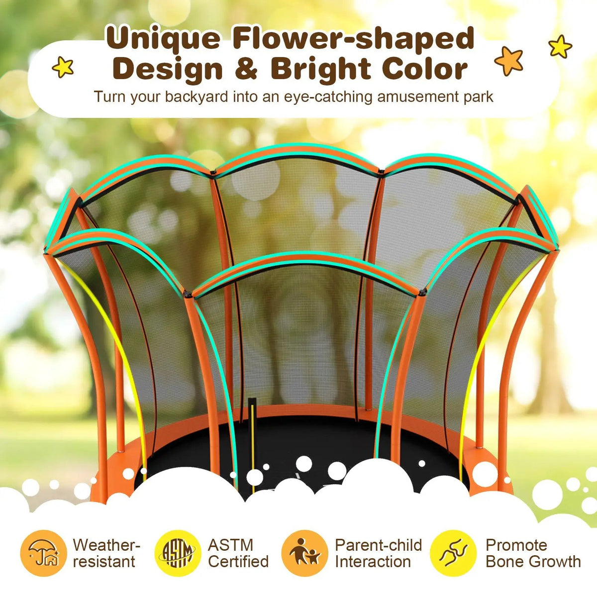 8 Feet Outdoor Unique Flower Shape Trampoline with Enclosure Net, photo 5 of 9