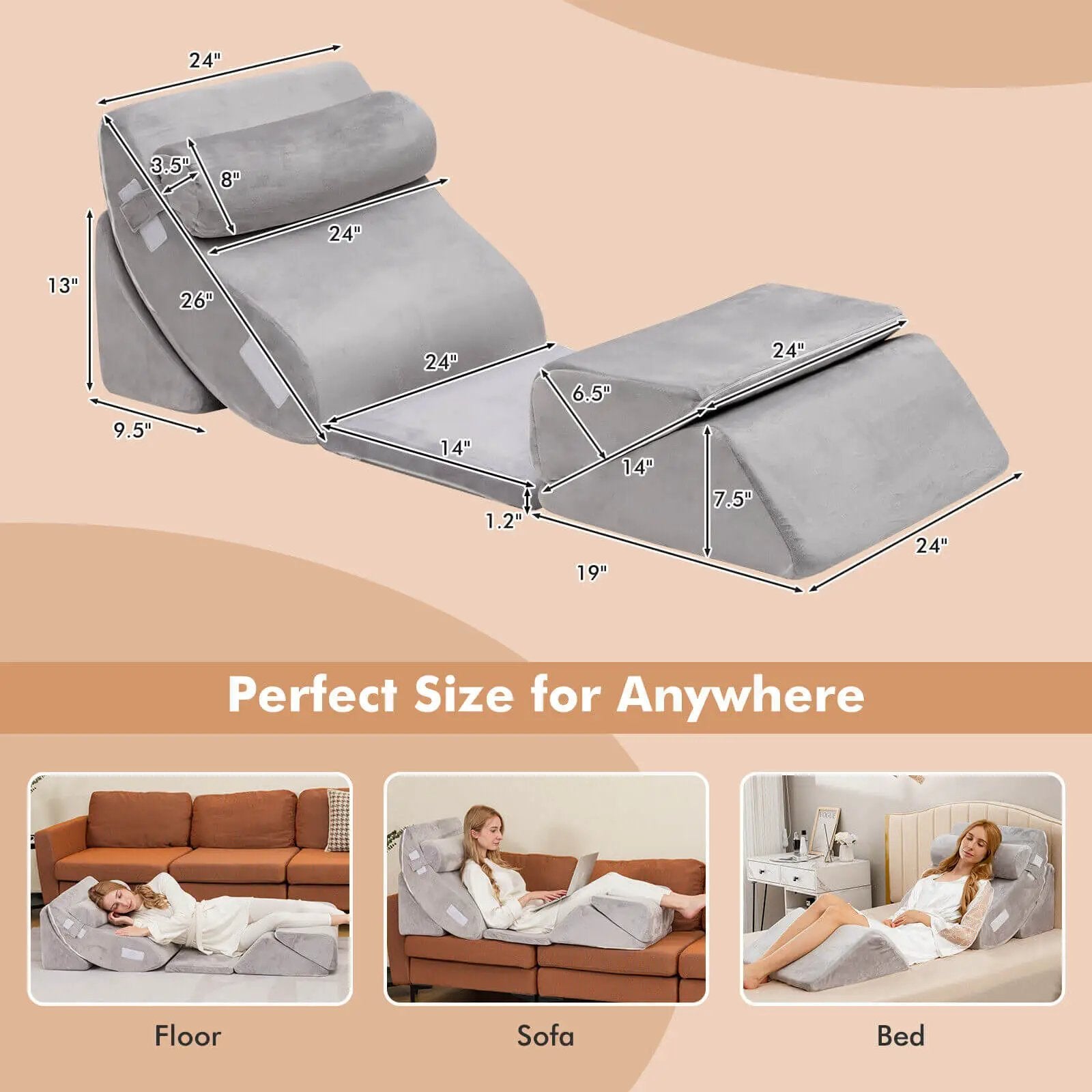 6 Pieces Orthopedic Bed Wedge Pillow Set for Back Neck Leg-Gray by DirectDeals