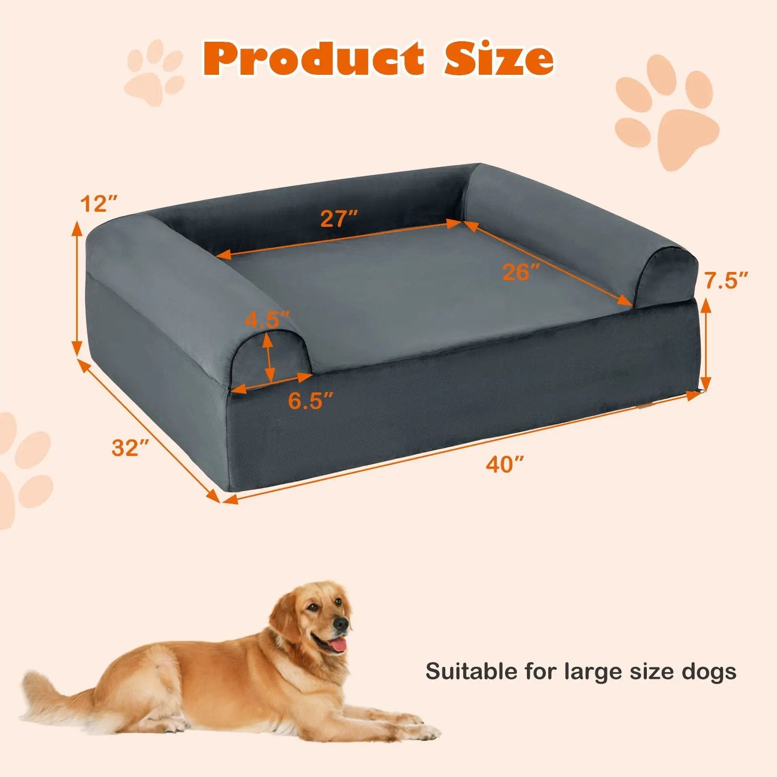 Orthopedic Dog Bed Memory Foam Pet Bed with Headrest for Large Dogs-Grey by DirectDeals