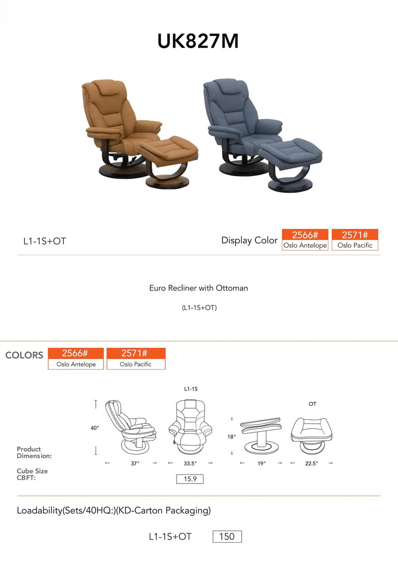 Oslo Euro Recliner w/ Ottoman by Ornate Furniture