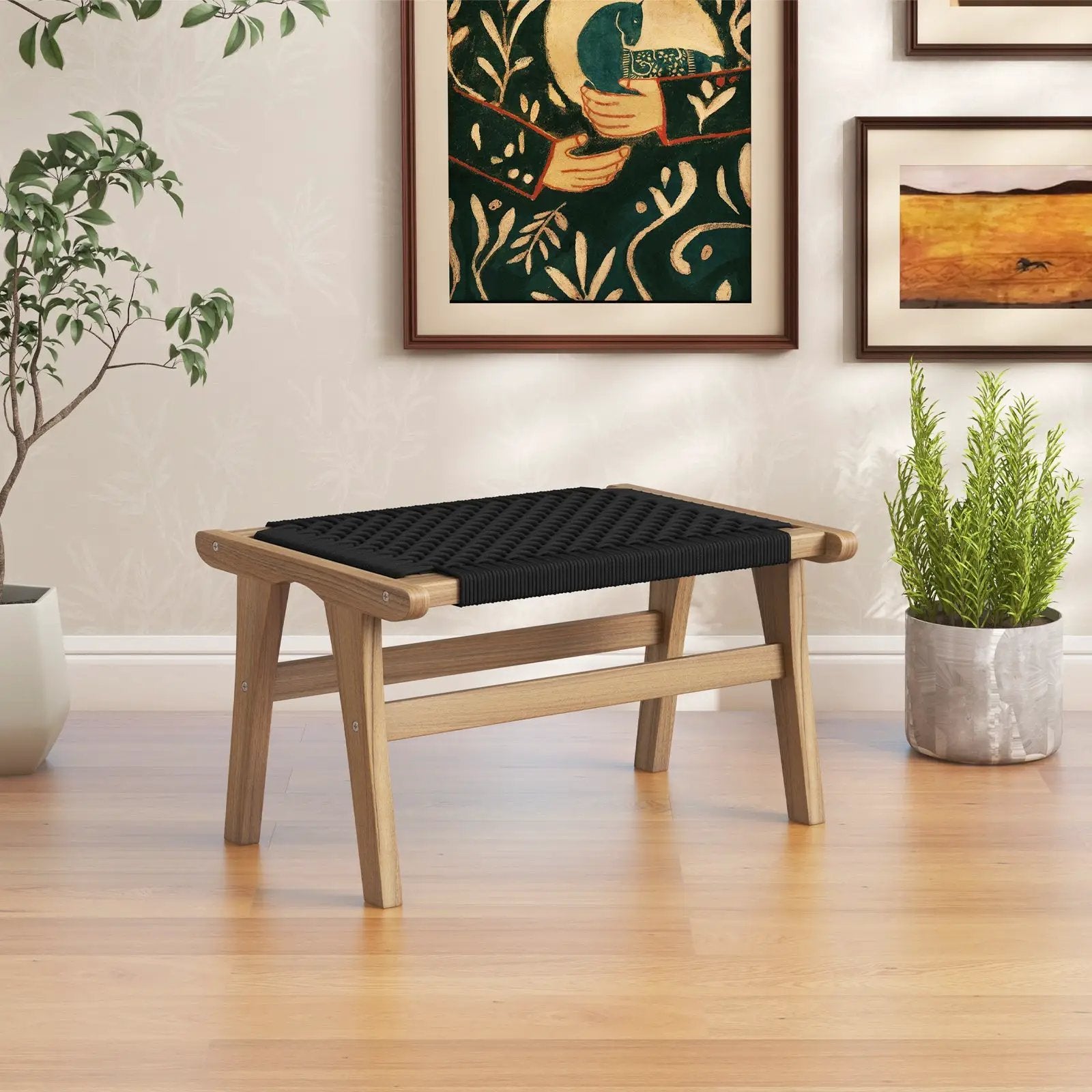 Indoor Outdoor Ottoman Footstool Teak Wooden Foot Rest with Handwoven Cordage by DirectDeals