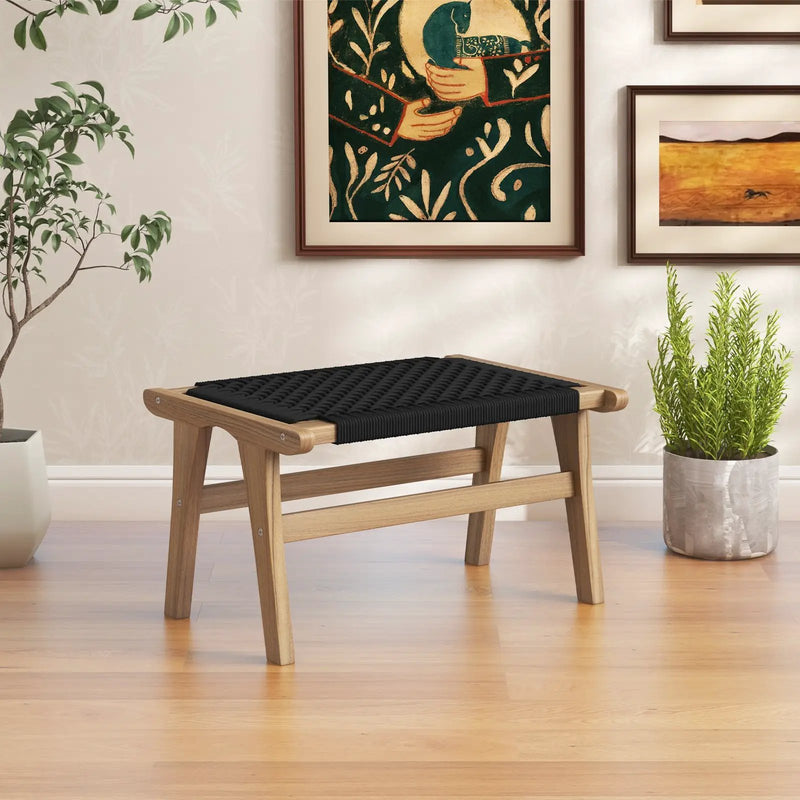Indoor Outdoor Ottoman Footstool Teak Wooden Foot Rest with Handwoven Cordage by DirectDeals